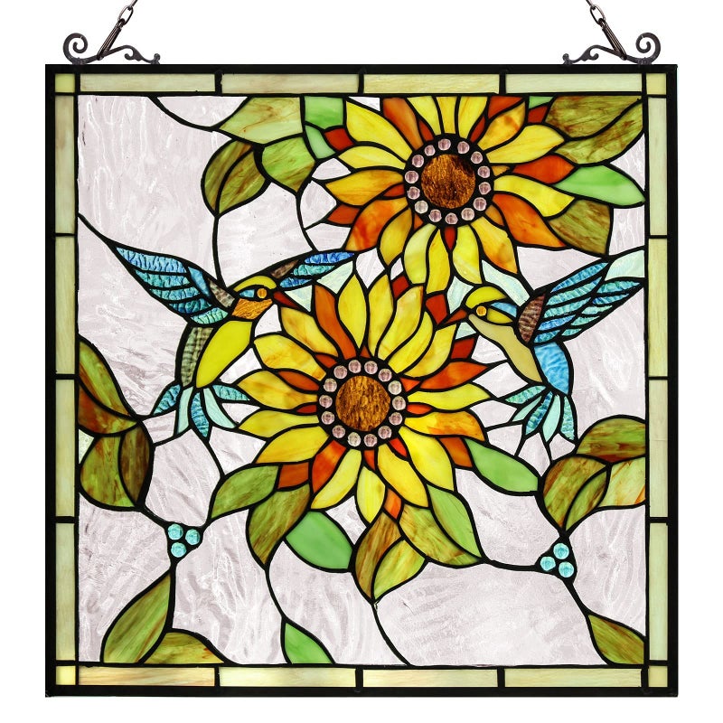 Capulina Sunflower and Birds Large Stained Glass Panels Window Hangings Tiffany Glass Traditional Art Crafts for Home Decor Gifts - Image 1